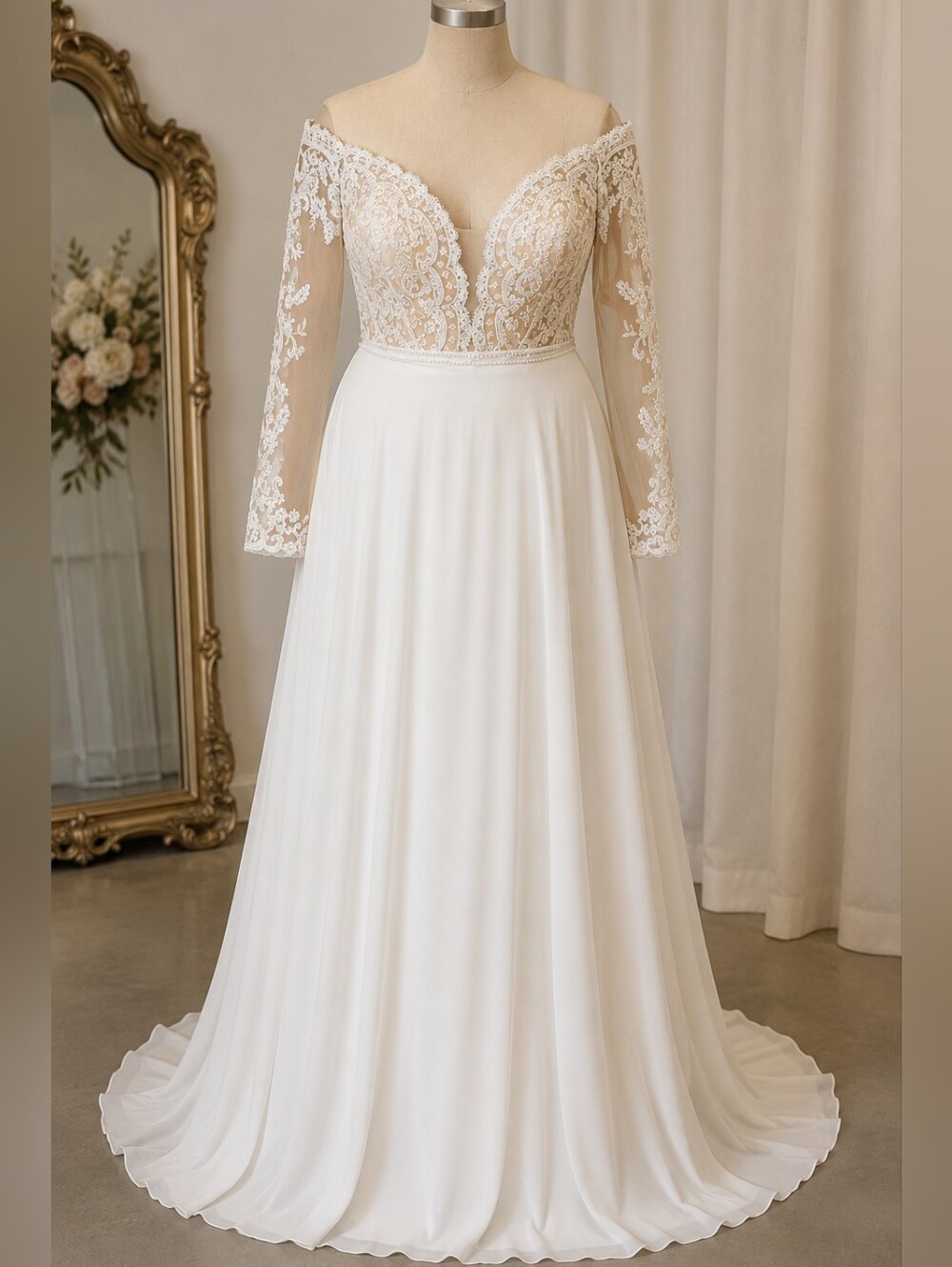 Clarisse Ivory Off-Shoulder Lace Bodice A-Line Wedding Gown